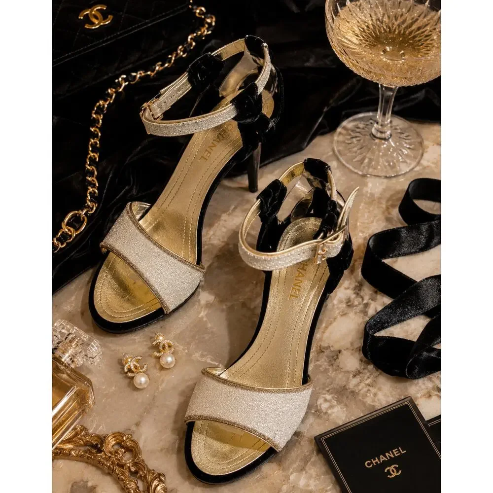 Chanel Vintage Black Velvet Champagne Glitter Evening Sandals size 37.5C